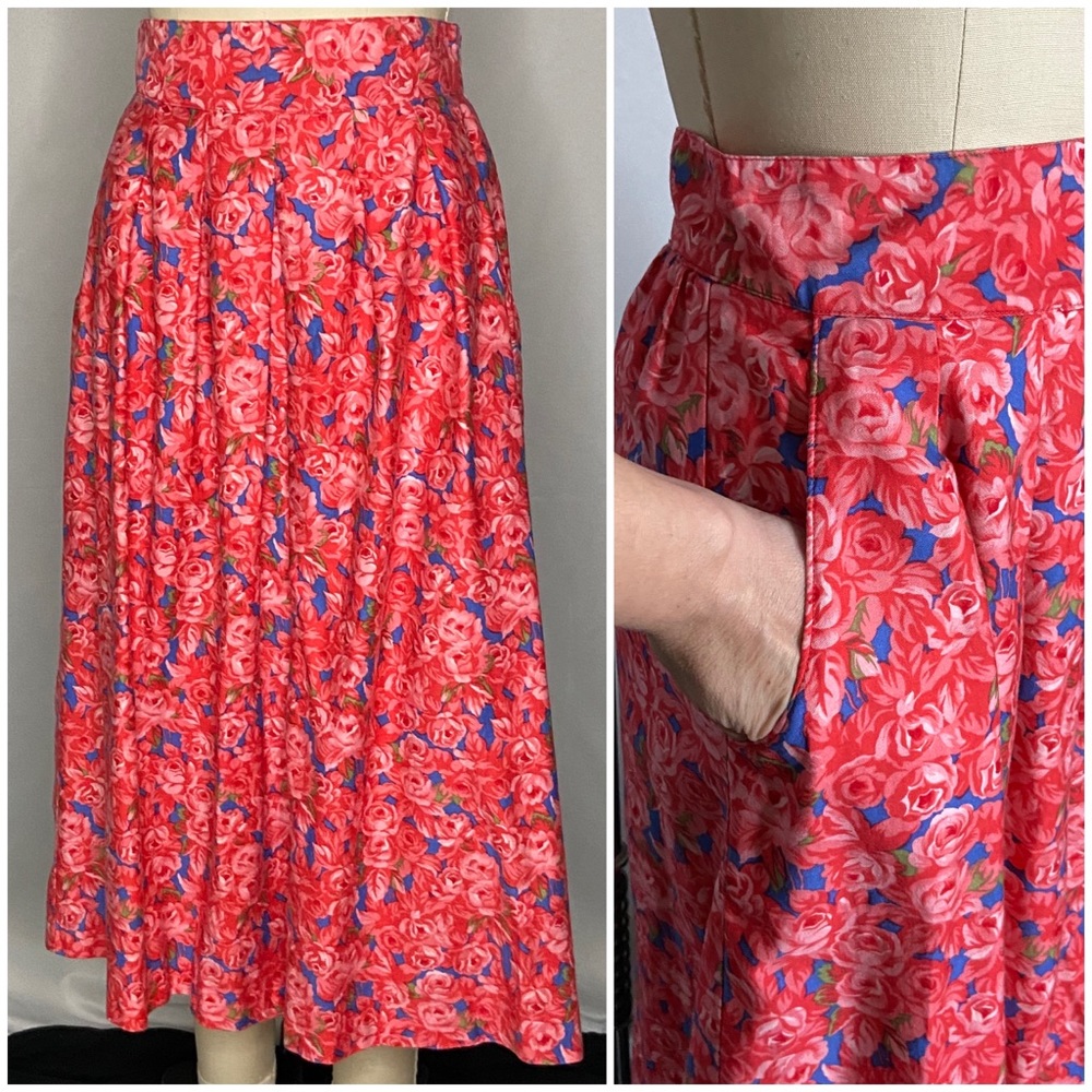 Vintage rose print button down skirt w/ pockets